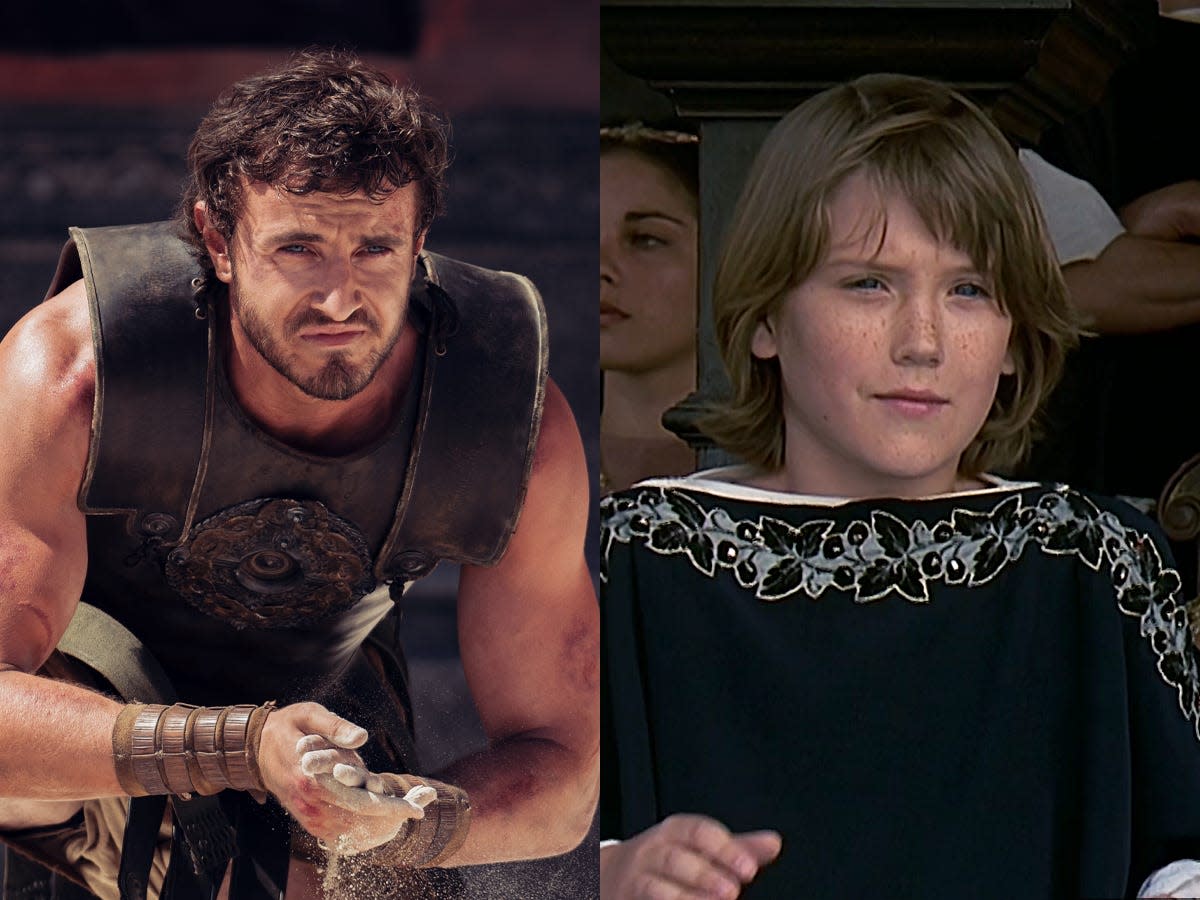 A composite image of Paul Mescal as Lucius in "Gladiator 2" and a young Spencer Treat Clark as Lucius in "Gladiator."