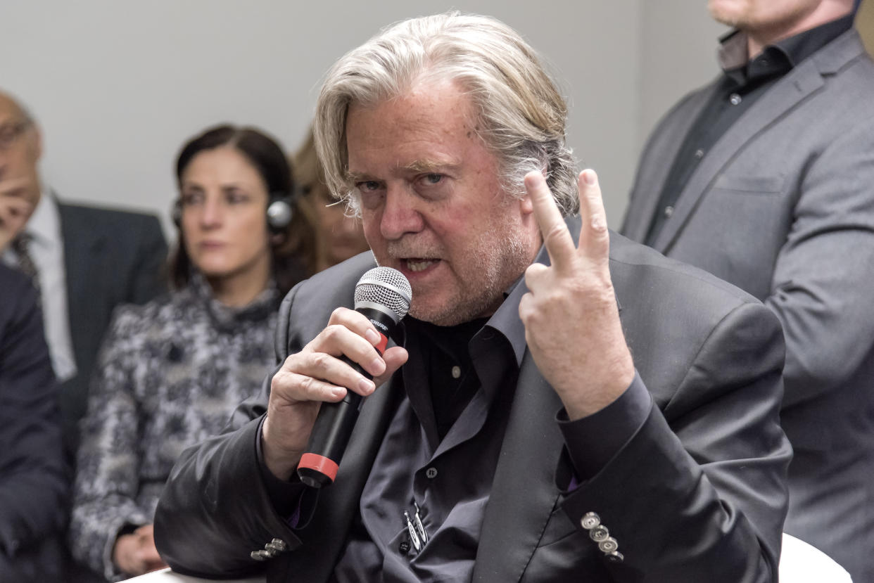 ROME, ITALY - MARCH 25: US president's former strategist Steve Bannon addresses during a debate entitled 'Sovereignism vs Europeanism' on the future of Europe and on how western democracies are transforming, at the headquarters of strategic consultancy Comin & Partners on March 25, 2019 in Rome, Italy. (Photo by Stefano Montesi - Corbis/Corbis via Getty Images)