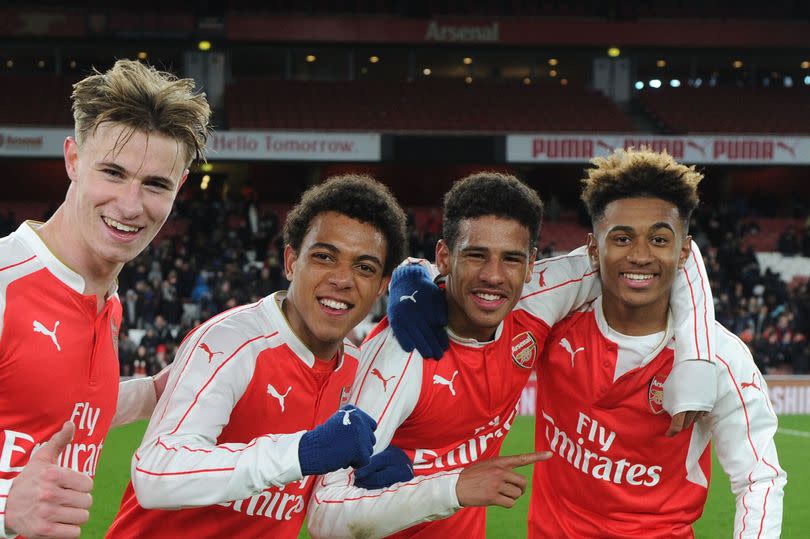 Donyell Malen (second left) during his time at Arsenal as a youngster, pictured with Ben Sheaf, Marcus McGuane and Reiss Nelson.