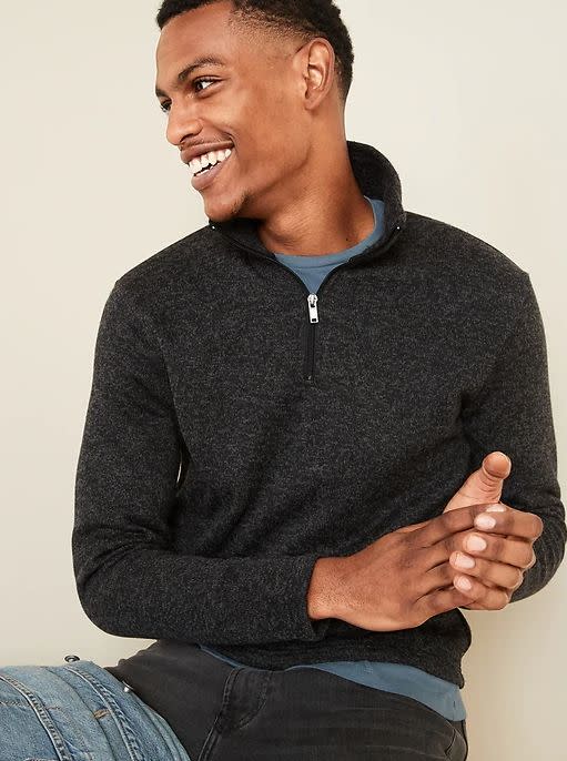 This Sweater-Fleece 1/4-Zip Mock-Neck Sweatshirt for Men is available in sizes XS to XL. <a href="https://fave.co/36GyjVx" target="_blank" rel="noopener noreferrer">Get it on sale for 50% off (normally $40) at Old Navy</a>.