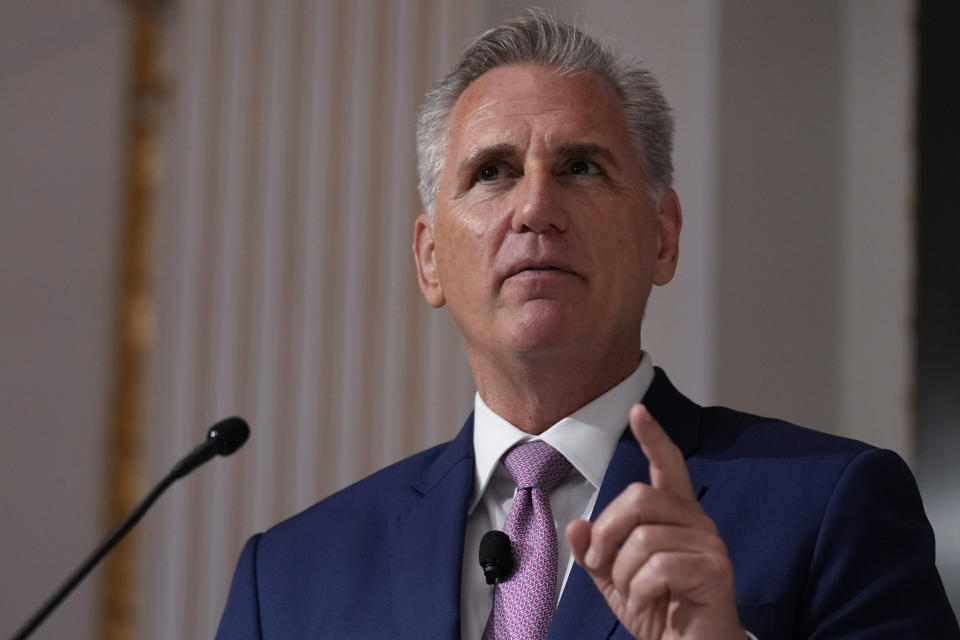 Speaker of the House Kevin McCarthy speaks during an event at the New York Stock Exchange in New York, Monday, April 17, 2023. (AP Photo/Seth Wenig)