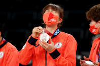 <p>Nanako Todo #20 of Team Japan reacts after receiving her silver medal during the Women's Basketball medal ceremony on day sixteen of the 2020 Tokyo Olympic games at Saitama Super Arena on August 08, 2021 in Saitama, Japan. (Photo by Kevin C. Cox/Getty Images)</p> 