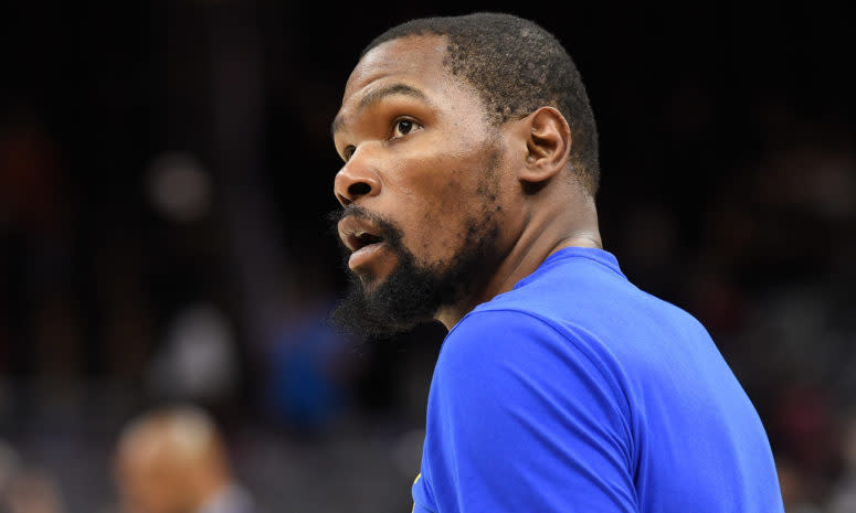 A closeup of Kevin Durant during warmups.