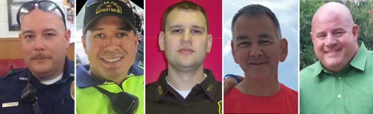 Brent Thompson, Patrick Zamarripa, Michael Krol, Michael Smith and Lorne Ahrens. All victims of the Dallas sniper. (Photos: Reuters, Twitter, Wayne County Sheriff's Dept, Family handout, Facebook)