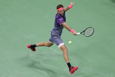 Sep 8, 2017; New York, NY, USA; Juan Martin del Potro of Argentina reaches for a backhand against Rafael Nadal of Spain (not pictured) on day twelve of the U.S. Open tennis tournament at USTA Billie Jean King National Tennis Center. Mandatory Credit: Anthony Gruppuso-USA TODAY Sports