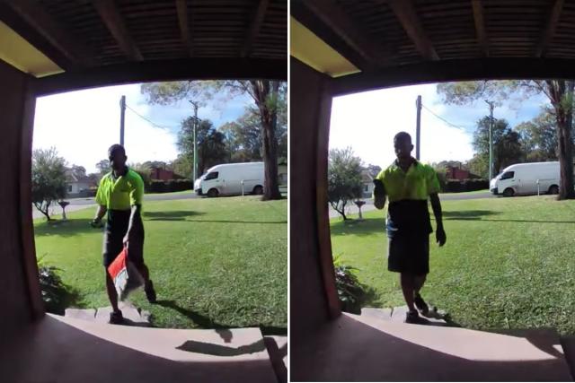 Delivery driver throws package; takes photo