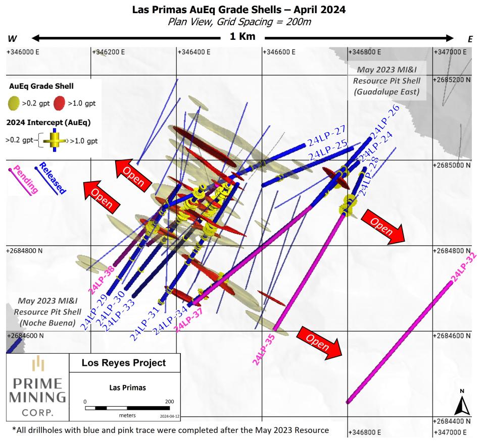 Figure 3 Las Primas Drill Holes with Grade Shells_Apr 2024