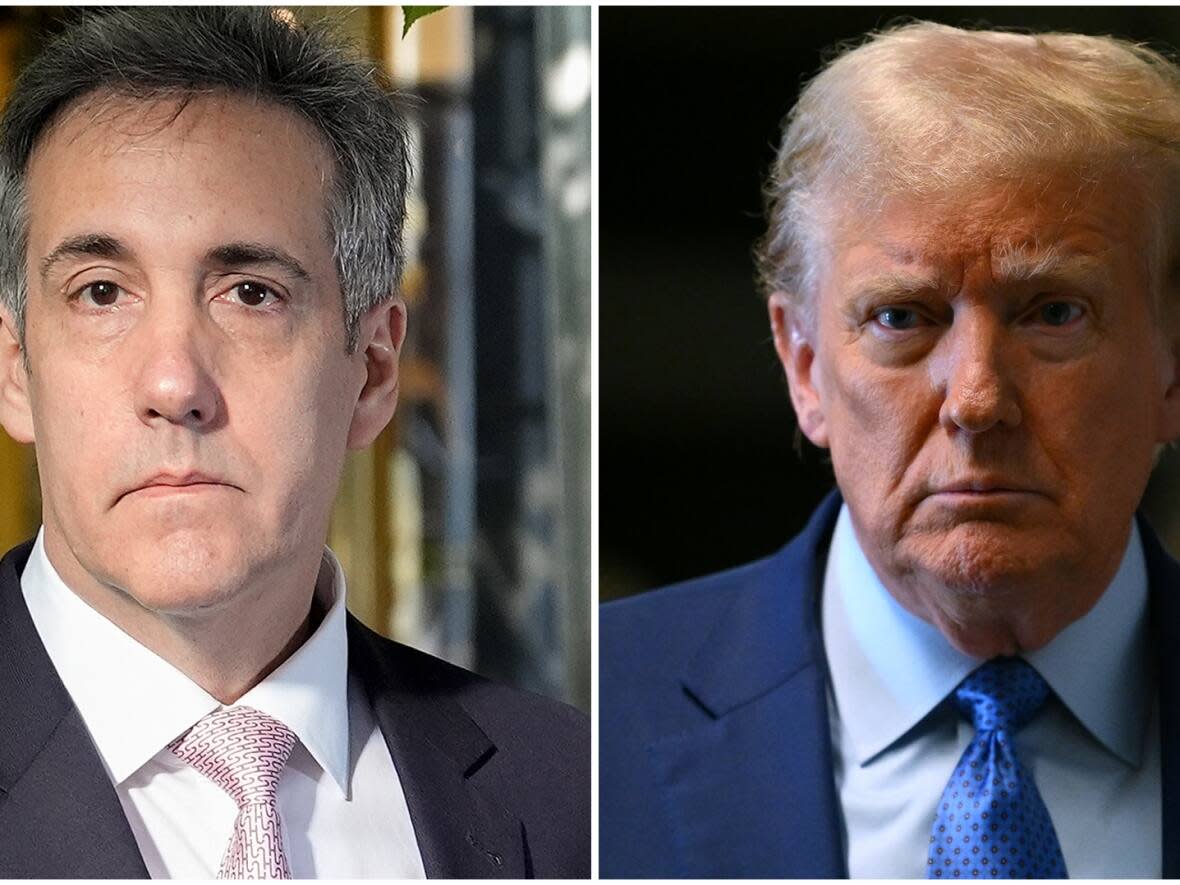 Michael Cohen, left, the former lawyer for Donald Trump, is shown in this composite photo with the former U.S. president. Cohen testified at Trump's criminal trial in New York on Monday and will be returning to the stand on Tuesday. (Julia Nikhinson/The Associated Press, Angela Weiss-Pool/Getty Images - image credit)