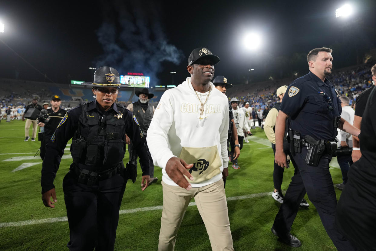 Oct 28, 2023; Pasadena, California, USA; Colorado Buffaloes head coach Deion Sanders leaves the field after the game against the UCLA Bruins at Rose Bowl. UCLA defeated Colorado 28-16. Mandatory Credit: Kirby Lee-USA TODAY Sports