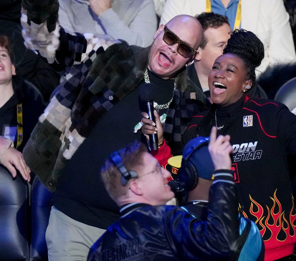 Fat Joe is interviewed by an emcee Sunday, Feb. 18, 2024, during the 73rd NBA All-Star game at Gainbridge Fieldhouse in downtown Indianapolis.