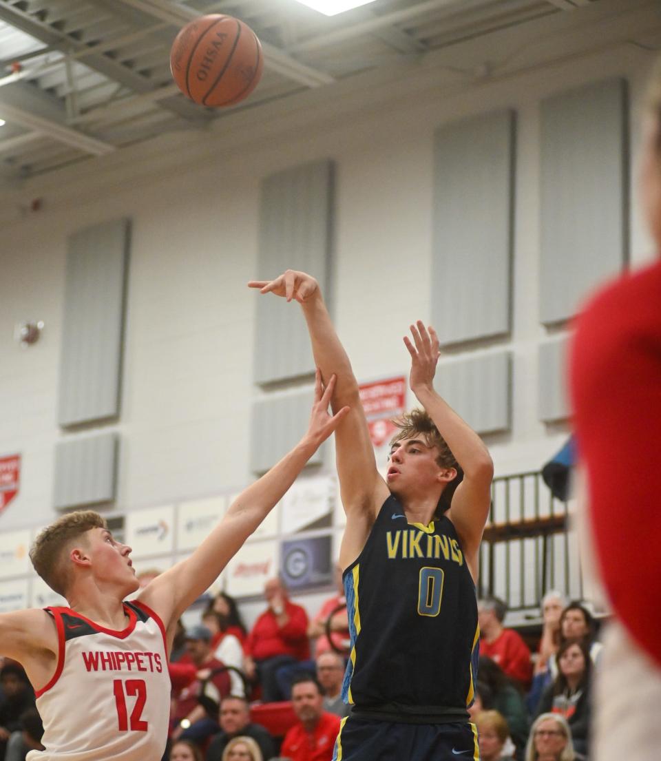 River Valley's Carson Smith takes a shot at Shelby in a boys basketball game this season. He earned third-team All-Ohio honors in Division II this season.