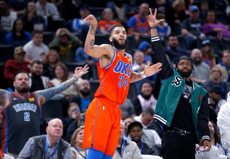 Oklahoma City's Kenrich Williams (34) reacts after  3-point basket in the second half during the NBA basketball game between the Oklahoma City Thunder and the Indiana Pacers at the Paycom Center in Oklahoma City, Wednesday, Jan.18, 2023. 