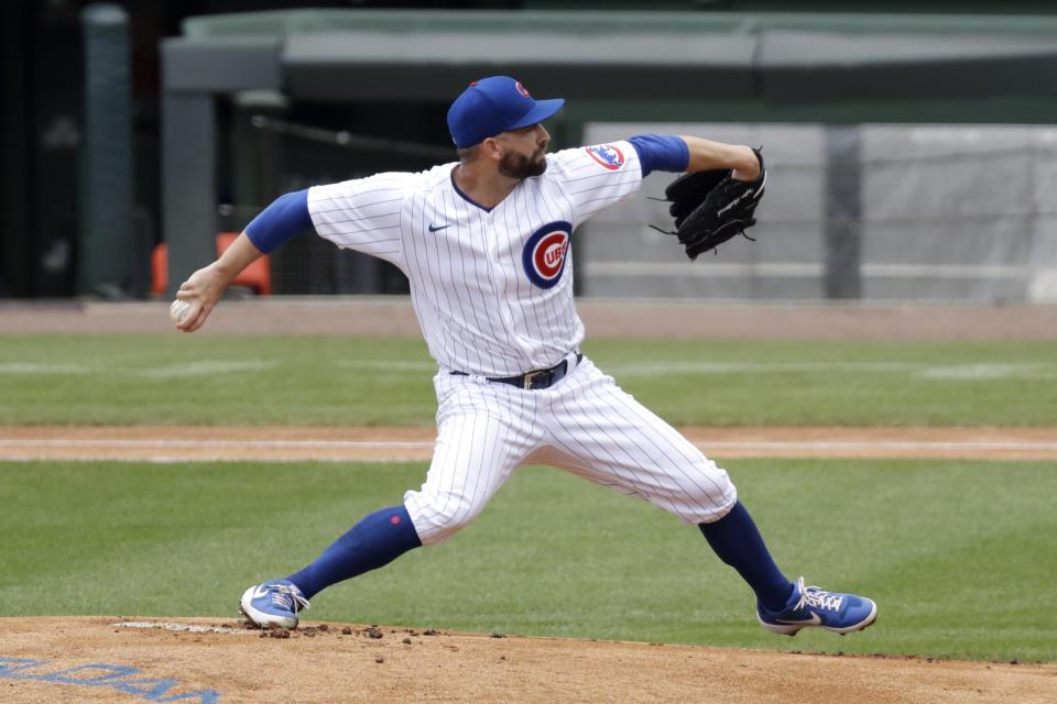 Chicago Cubs pitcher Tyler Chatwood throws the ball during an intra-squad baseball game at Wrigley Field in Chicago, Wednesday, July 15, 2020. (AP Photo/Nam Y. Huh)