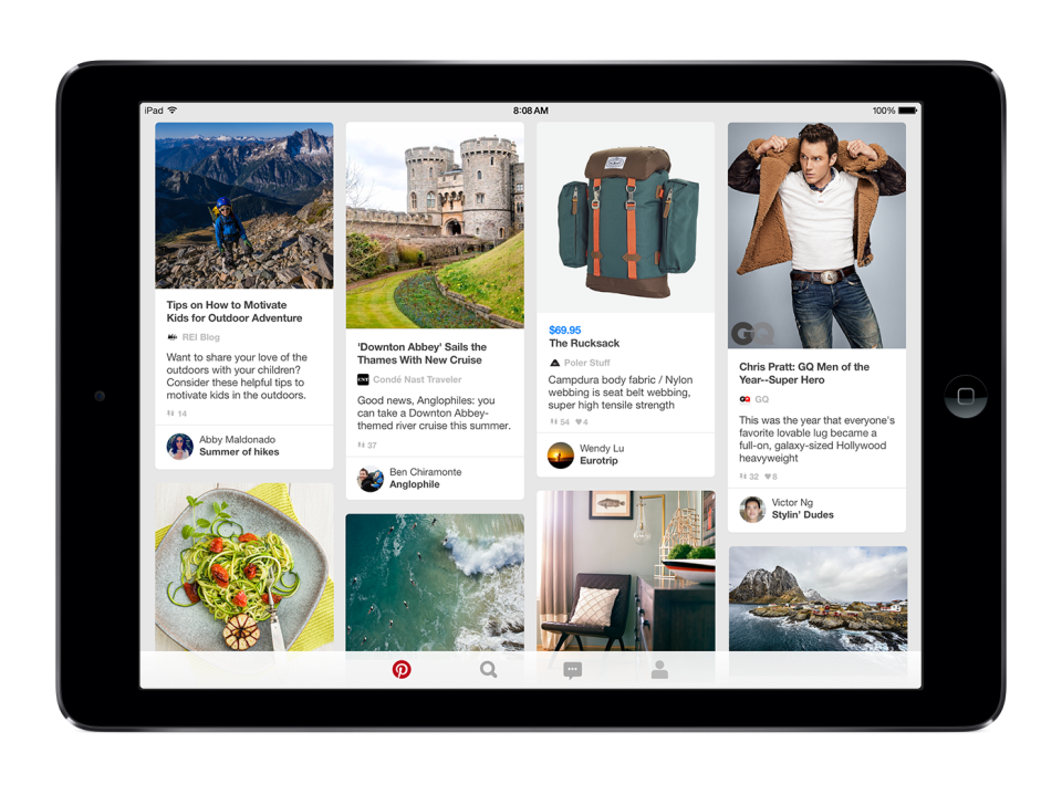 Pinterest home feed on an iPad.