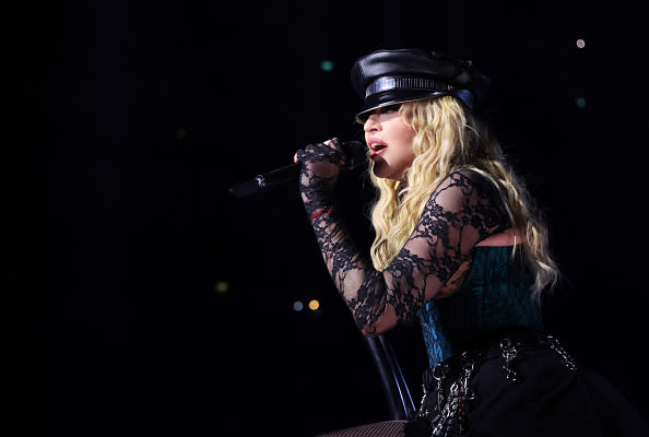 LONDON, ENGLAND – OCTOBER 15: (Exclusive Coverage) Madonna performs during The Celebration Tour at The O2 Arena on October 15, 2023 in London, England. (Photo by Kevin Mazur/WireImage for Live Nation)