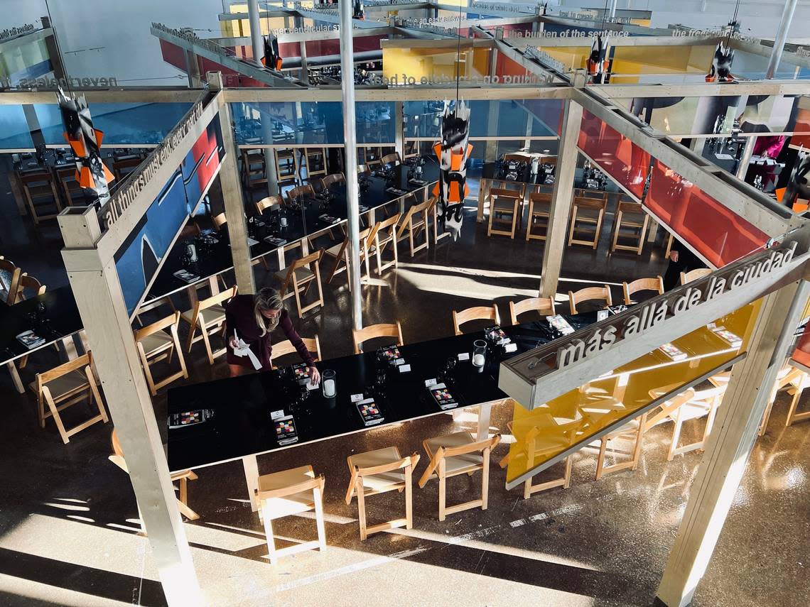 An overhead view of the set-up for Locust Projects’ 25th anniversary dinner at its new Little River location. The dinner was held within a pavilion-like artwork by Rafael Domenech.