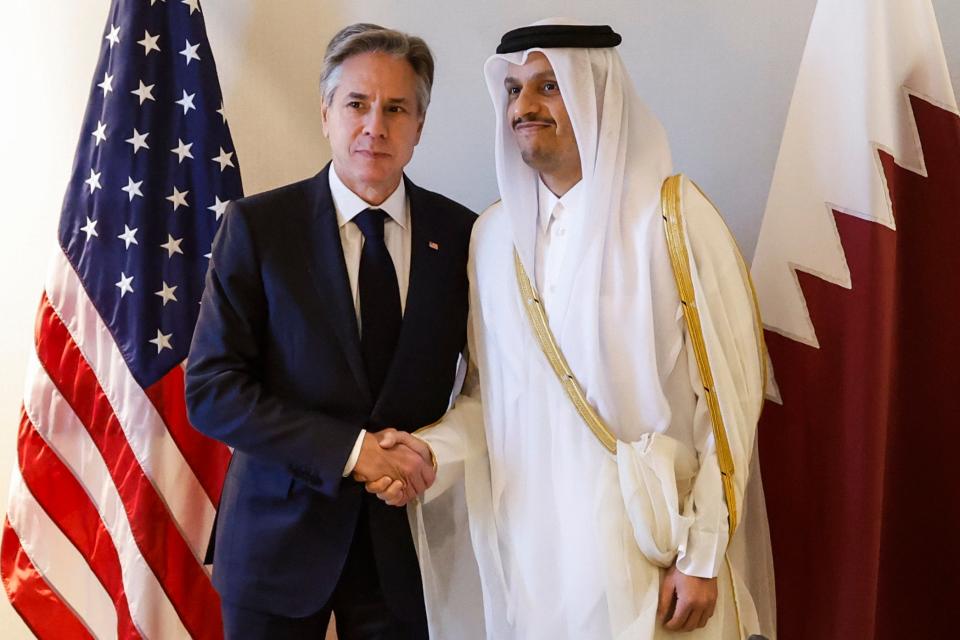 Antony Blinken, left, meets with Qatari Prime Minister and Minister of Foreign Affairs Sheikh Mohammed bin Abdulrahman bin Jassim Al-Thani