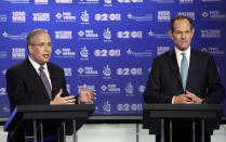 Manhattan borough president Scott Stringer, left, and former New York Gov. Eliot Spitzer, both Democrats, participate in a primary debate for New York City comptroller in the WCBS-TV studios, Thursday, Aug. 22, 2013, in New York. (AP Photo/Frank Franklin II, Pool)