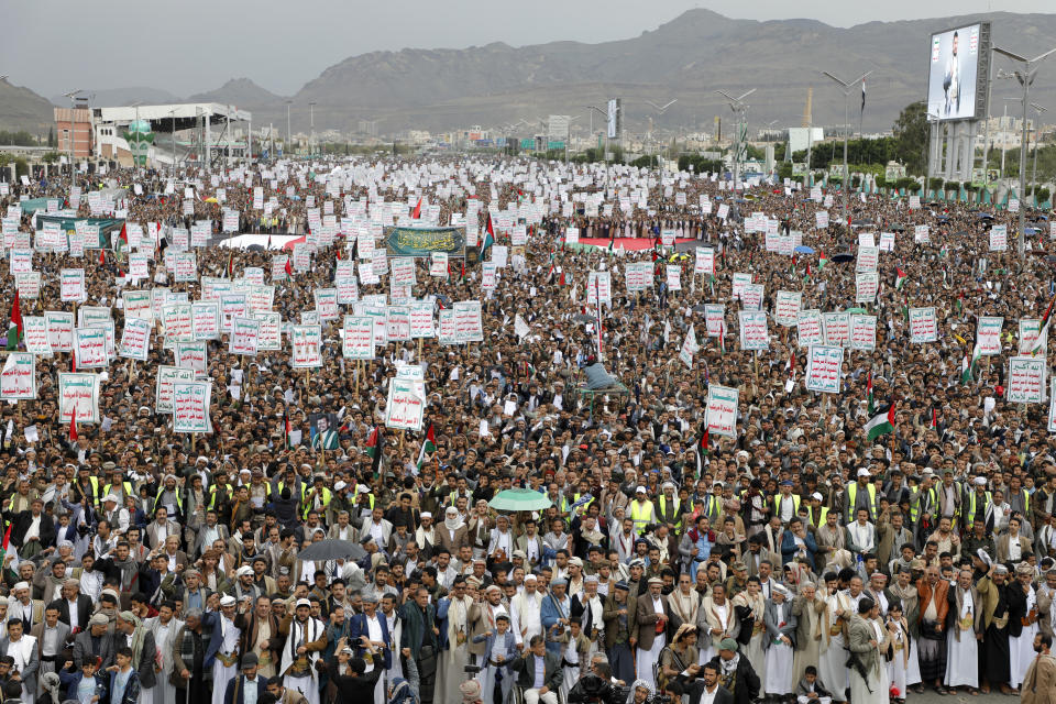 Thousands of Houthi supporters take part at a rally against the U.S. and Israel and to support Palestinians in the Gaza Strip, in Sanaa, Yemen, Friday, April. 26, 2024. (AP Photo/Osamah Abdulrahman)