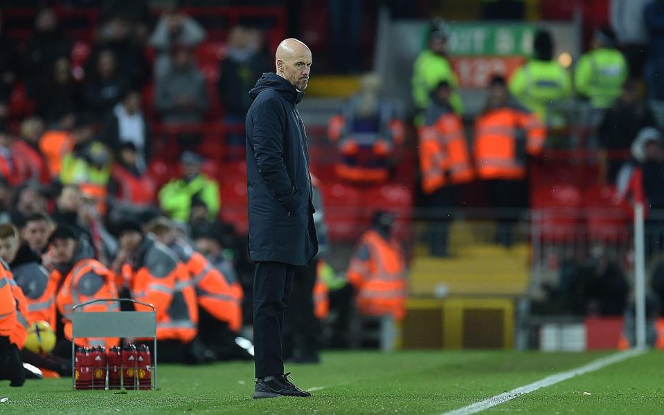 Erik ten Hag manager of Manchester United stands on his own after the Manchester United fans start to leave during the Premier League match between Liverpool FC and Manchester United at Anfield - Getty Images/John Powell