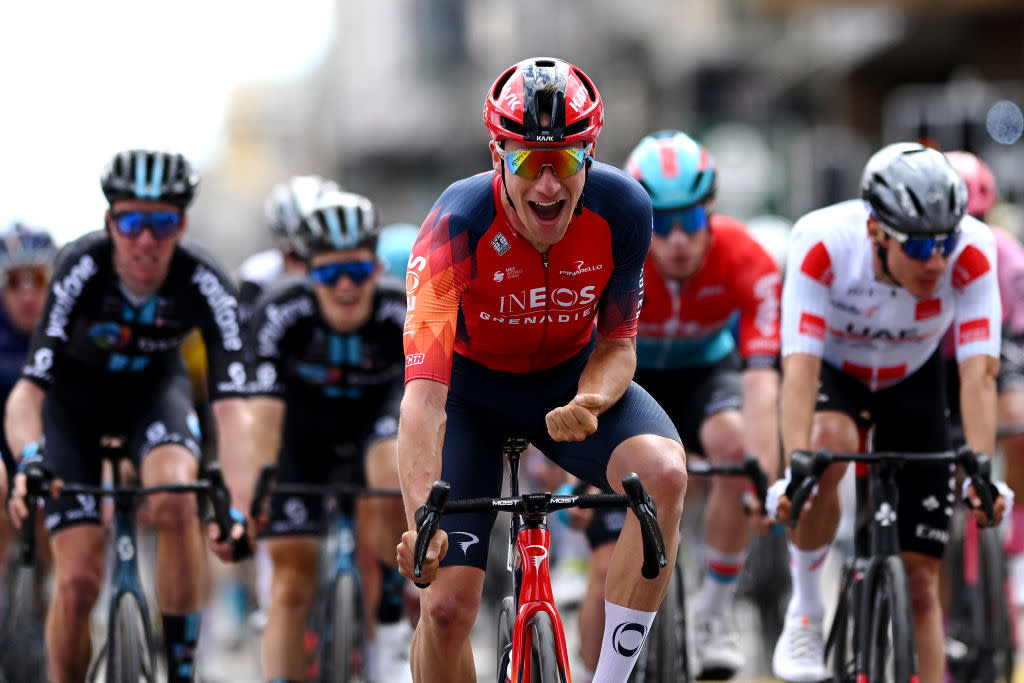  LA CHAUXDEFONDS SWITZERLAND  APRIL 27 Ethan Hayter of United Kingdom and Team INEOS Grenadiers celebrates at finish line as stage winner during the 76th Tour De Romandie 2023 Stage 2 a 1627km stage from Morteau to La ChauxdeFonds  UCIWT  on April 27 2023 in La ChauxdeFonds Switzerland Photo by Dario BelingheriGetty Images 