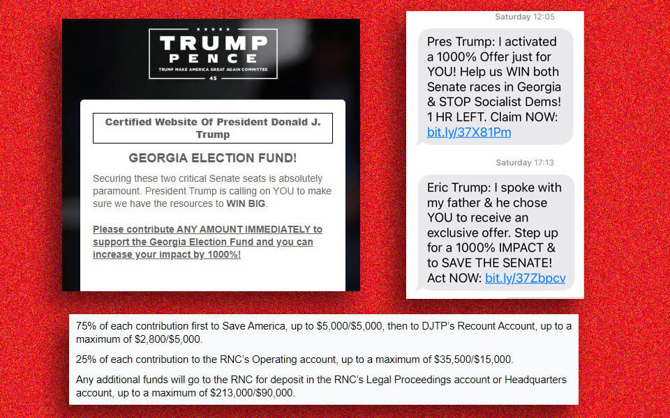 Screenshots from Trump's website and fundraising text messages citing the Georgia runoff elections. (Photo: Illustration: HuffPost; Screenshots: Trump Pence Campaign)