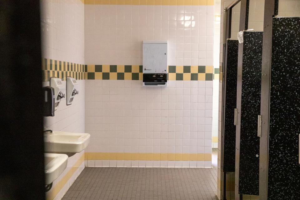 Dispensers have been installed in bathrooms, but according to students have yet to be stocked with menstrual pads or tampons to comply with the Menstrual Equity for All Act, at Coachella Valley High School in Thermal, Calif., on March 28, 2024.