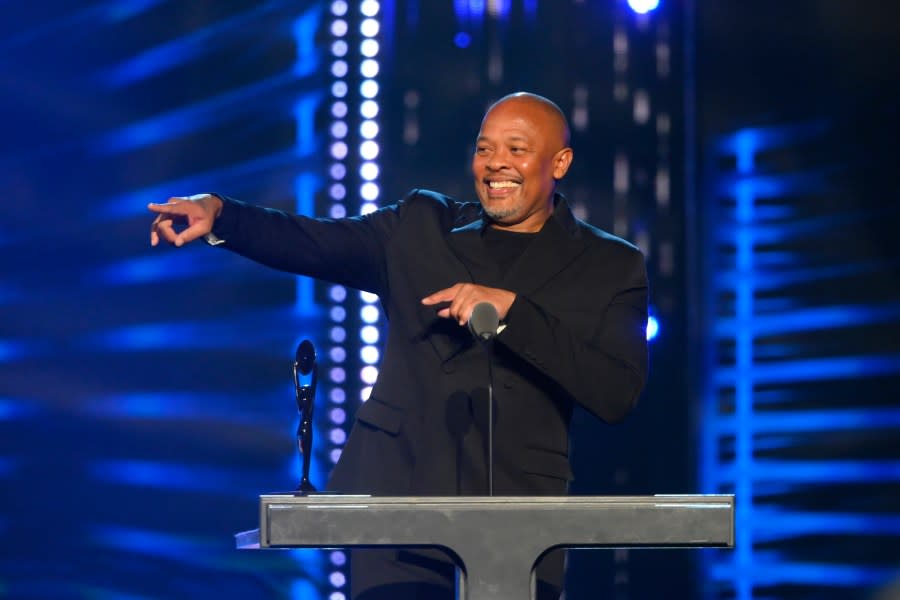 Dr. Dre, presenter for LL Cool J, speaks during the Rock & Roll Hall of Fame induction ceremony, Saturday, Oct. 30, 2021, in Cleveland. Dr. Dre will celebrate the 30th anniversary of “The Chronic” with a re-release of his debut studio album. (AP Photo/David Richard, File)