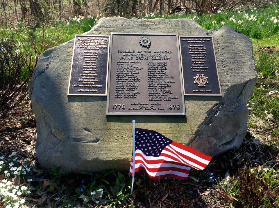 A Revolutionary War monument at Spring Grove Cemetery was dedicated by the Cincinnati Chapter of the Daughters of the American Revolution in 1976 for 35 soldiers of the American Revolution. The two plaques on either side show the names of the 25 additional patriots dedicated by the Cincinnati Chapter of the Sons of the American Revolution on April 19, 2014.