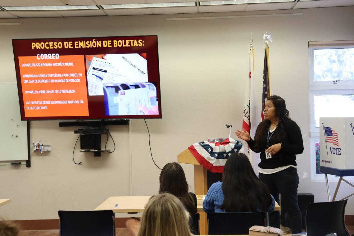 Barbara Hurtado, one of the Clerk-Recorder’s Office’s four bilingual staff members, presents information in Spanish on how to register and vote in Nipomo, on Sept. 11, 2024. The county was calling for bilingual people to work the polls on Election Day, providing in-person guidance for Spanish-speaking voters. The job is a paid position.