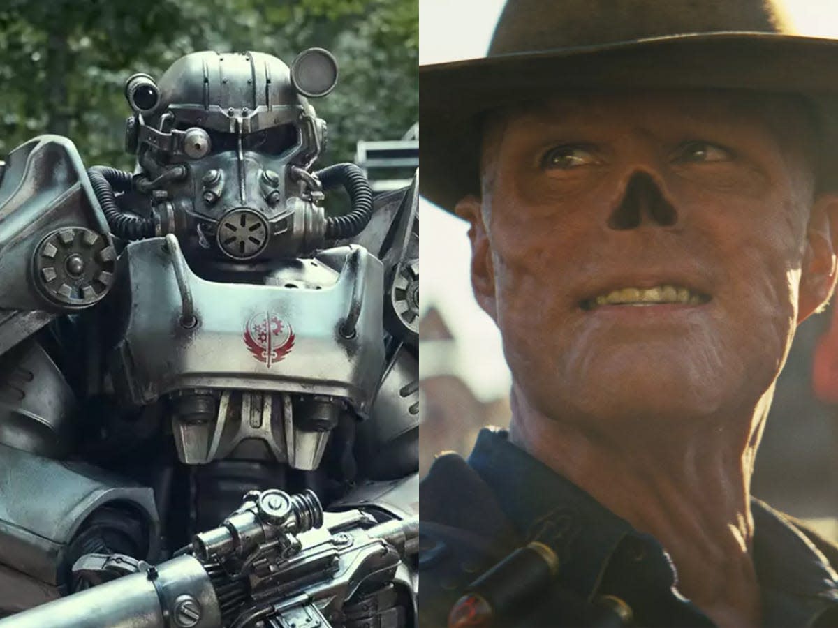 A Brotherhood of Steel Knight, and Walton Goggins as the Ghoul in Amazon's "Fallout."