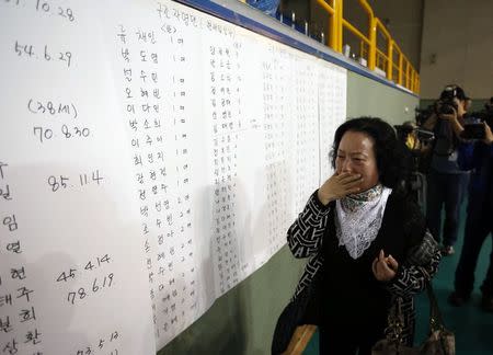 The mother of a passenger who was on a sinking ferry reacts as she finds her son's name in the survivors list at a gym where rescued passengers gather in Jindo April 16, 2014. REUTERS/Kim Hong-Ji