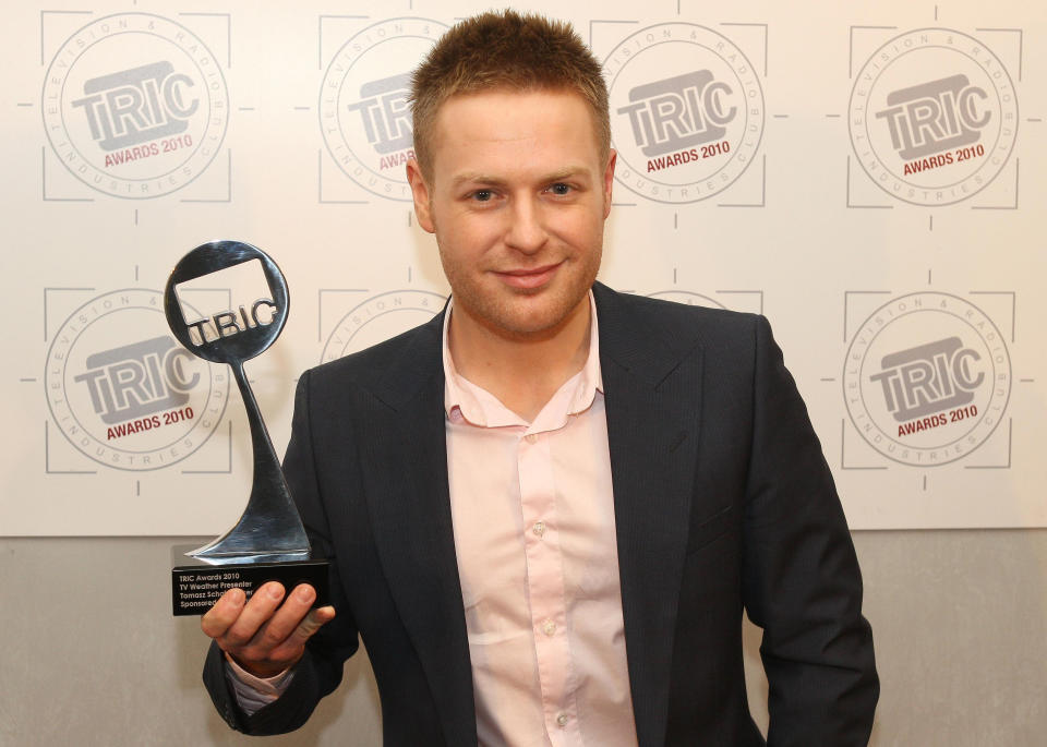 Tomasz Schafernaker, winner of 'Best TV Weather Presenter' at the TRIC (Television and Radio Industries Club) Annual Awards, at the Grosvenor House Hotel, Park Lane, London.   (Photo by Dominic Lipinski/PA Images via Getty Images)