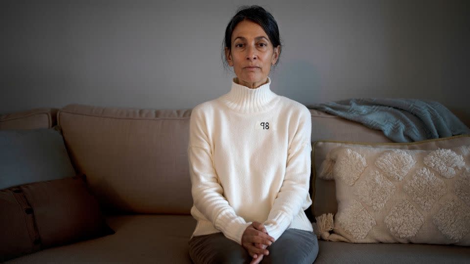 Rachel Goldberg-Polin, pictured here on January 12, 2024, wears a piece of tape with a number marking the days passed since her son was taken hostage. - Maya Alleruzzo/AP