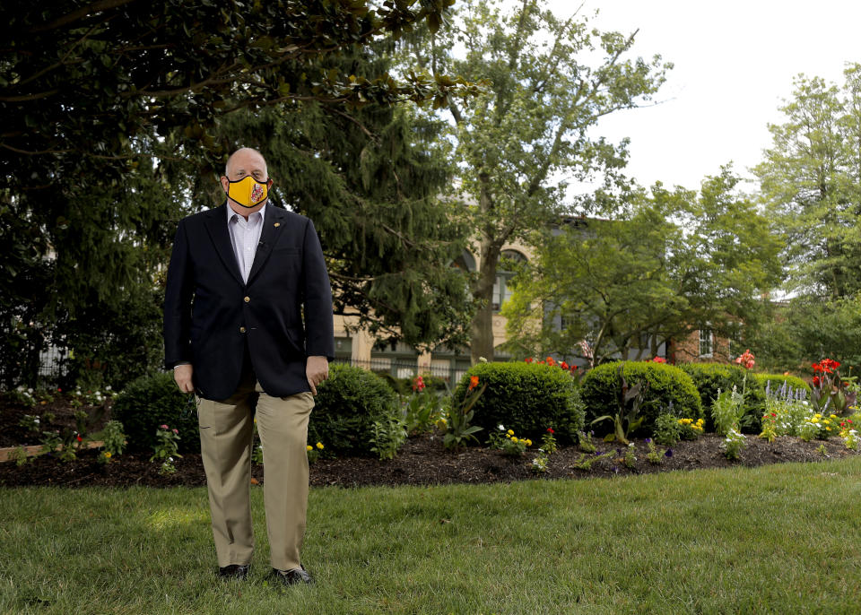 Maryland Gov. Larry Hogan poses for a photograph during an interview with The Associated Press to talk about his response to the coronavirus outbreak as chairman of the National Governors Association, Thursday, July 23, 2020, in Annapolis, Md. Hogan also discussed his book which is expected to be released next week. (AP Photo/Julio Cortez)