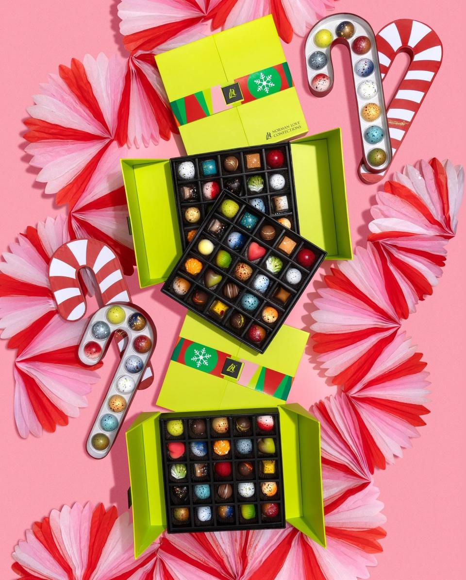 Photo of Norman Love Confections holiday chocolate boxes.