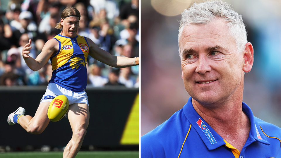 West Eagles coach Adam Simpson (pictured right) has praised youngster Harley Reid (pictured left) after trying not to overload the 18-year-old after his solid AFL debut. (Getty Images)