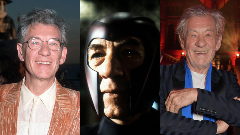 Sir Ian McKellen - Magneto - pictured (L) at the Ellis Island premiere of <i>X-Men</i> in 2000, and (R) at the Olivier Awards, 2019.