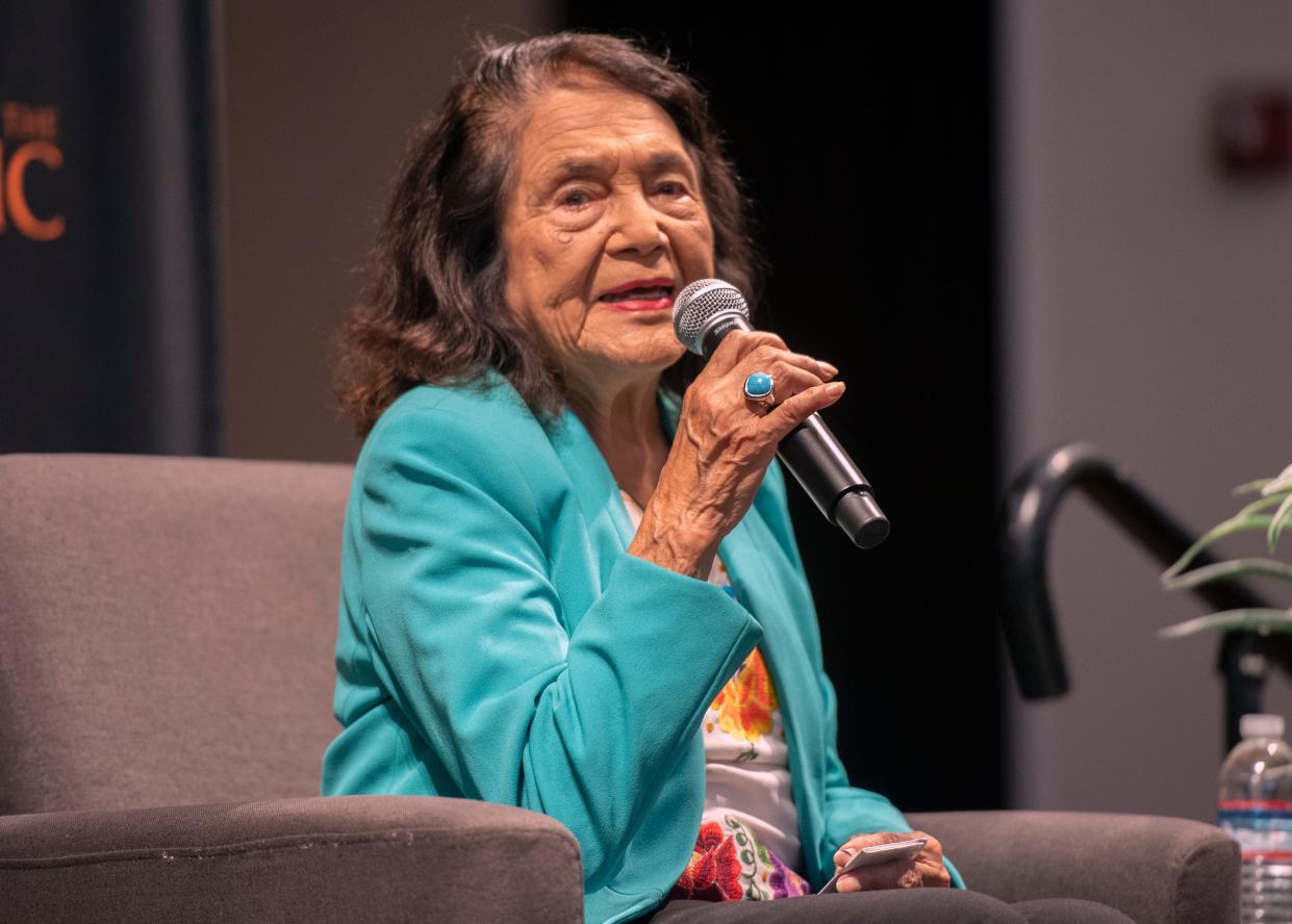 Farm labor activist Dolores Huerta speaks at the DeRosa University Center ballroom on the University of the Pacific campus in Stockton for Latino Heritage Month on Thursday, Sept. 29, 2022. 