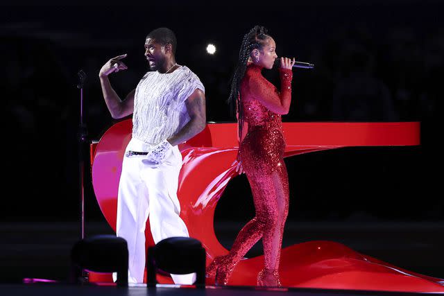 <p>Steph Chambers/Getty</p> Usher and Alicia Keys perform onstage during the Apple Music Super Bowl LVIII Halftime Show at Allegiant Stadium on February 11, 2024 in Las Vegas, Nevada.