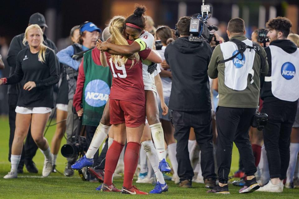 PHOTO: Katie Meyer #19 and Naomi Girma #2 of the Stanford Cardinal celebrate during a game between UNC and Stanford Soccer W at Avaya Satdium on Dec. 8, 2019 in San Jose, Calif. (John Todd/ISI Photos/Getty Images, FILE)