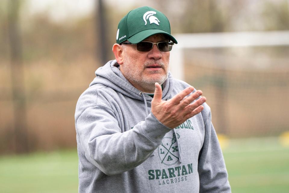 Apr 18, 2024; Lyndhurst, NJ; Lyndhurst boys lacrosse hosts DePaul on Thursday afternoon. DePaul head coach Steve Sokolewicz.