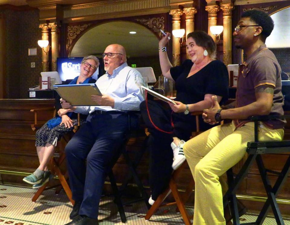 Debbie Anderson, far left, joins Paul Pierce, Danielle Patterson Varner, and Keith McCoy in a game of trivia at the “Springer Unplugged” event on Friday, April 26, 2024. Anderson is retiring as the Springer’s musical director. 04/26/2024 Mike Haskey/mhaskey@ledger-enquirer.com