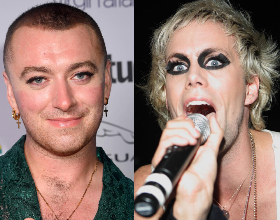 Sam Smith in 2019, Justin Tranter in 2008. (Photos: Getty Images)