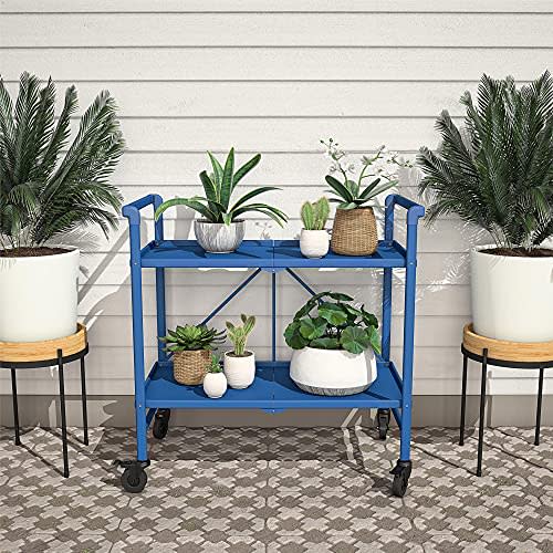 Cosco Outdoor Living Outdoor and Indoor Folding Serving Cart with Wheels and 2 Shelves, Blue