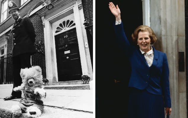 Humphrey, one of Margaret Thatcher's teddy bear, outside Number 10 Downing Street - Alamy and Corbis/Getty