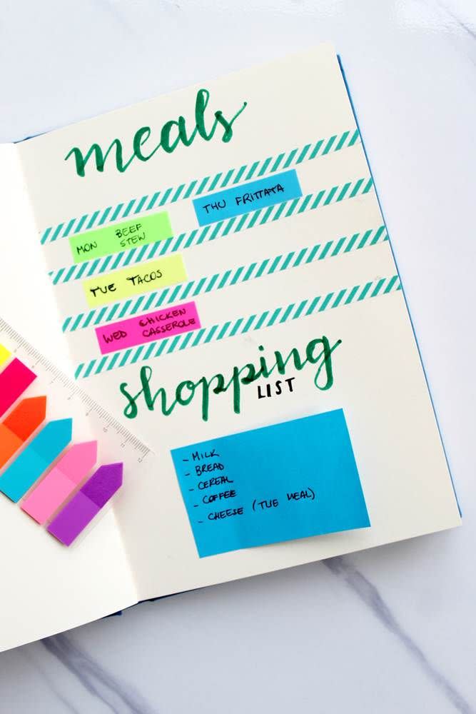 <p>A little meal planning will keep you from panicking over what's for dinner, and your bujo can help keep it all in one place. <a href="https://diaryofajournalplanner.com/bullet-journal-meal-planning/" rel="nofollow noopener" target="_blank" data-ylk="slk:Create a chart;elm:context_link;itc:0;sec:content-canvas" class="link ">Create a chart</a> to map out each day's menu, then stick Post-It notes with your shopping list to the page. When you head to the store, Diary of a Journal planner recommends bringing the sticky note with you, so you don't forget anything.</p>