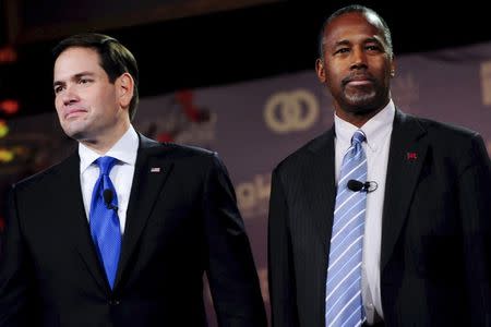 Republican U.S. presidential candidates Marco Rubio (L) and Ben Carson wait for the start of the Presidential Family Forum in Des Moines, U.S. November 20, 2015. REUTERS/Mark Kauzlarich/File Photo