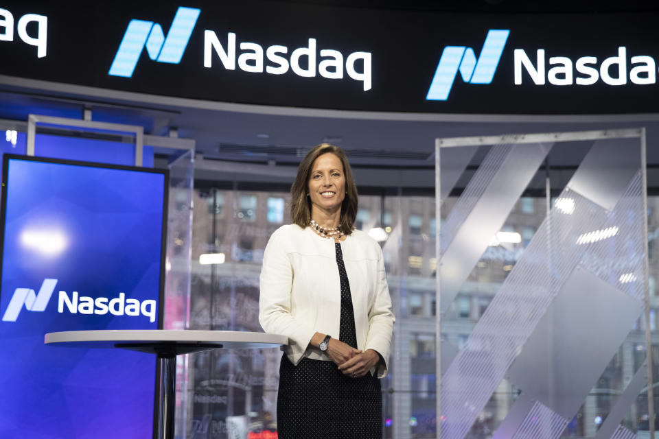 In this Wednesday, July 31, 2019, photo NASDAQ President and Chief Executive Officer Adena Friedman poses for a photo at NASDAQ headquarters in New York. The U.S. stock market has thousands fewer companies to choose from, and that’s doing a disservice to regular investors, says Friedman. In a recent conversation with the AP, she discussed what’s behind the trend and how it could be exacerbating income inequality. (AP Photo/Mary Altaffer)