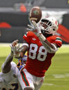 Miami wide receiver Keyshawn Smith (88) drops a pass as Pittsburgh's Damar Hamlin (3) defends in the second half of an NCAA college football game in Miami Gardens, Fla., Saturday, Oct. 17, 2020. (Al Diaz/Miami Herald via AP)